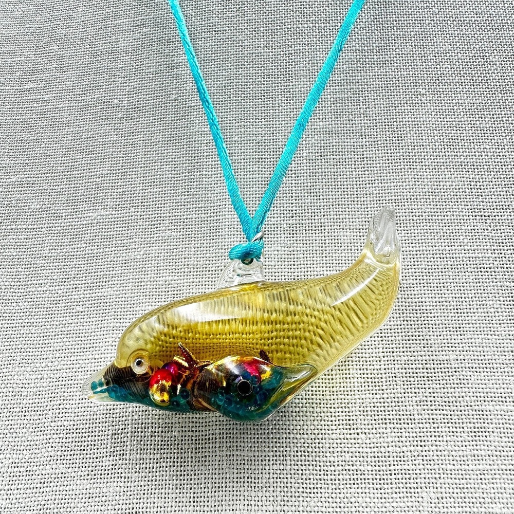 Vintage Art Glass Dolphin Pendant Necklace Aqua Blue Silk Ribbon Cord Murano Y2K